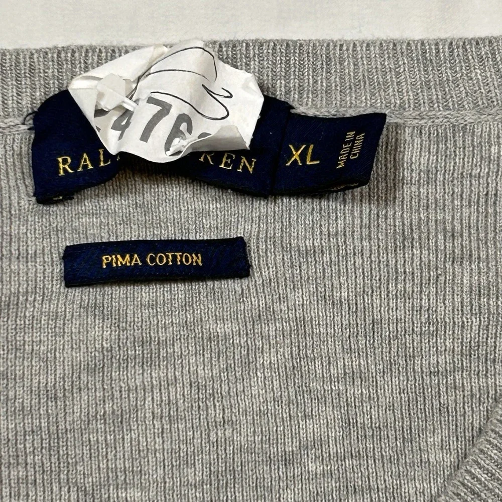 Polo Ralph Lauren V Neck Sweater Mens XL Pima Cotton‎ Gray Pony